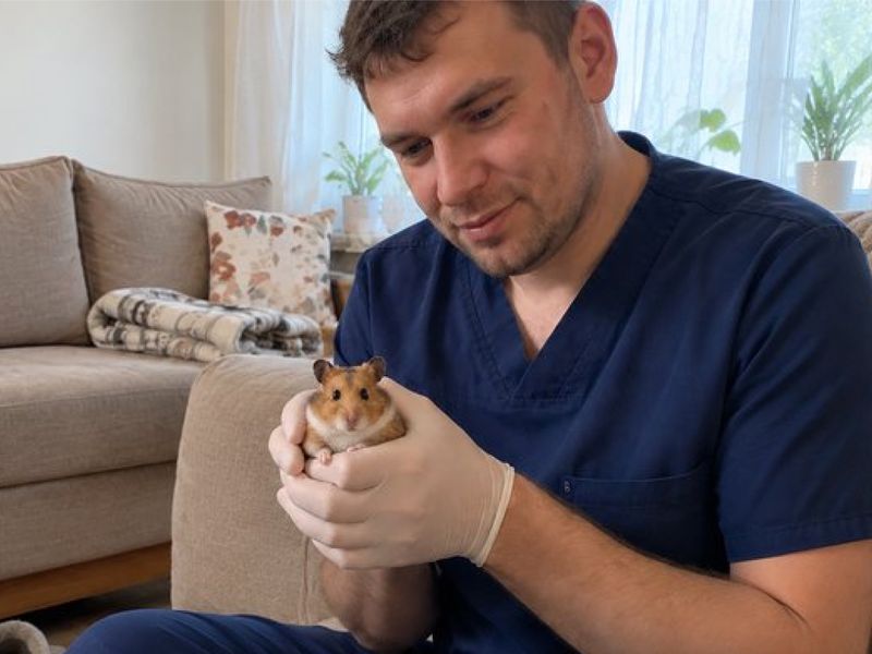 Врач-ратолог в перчатках держит хомяка в квартире