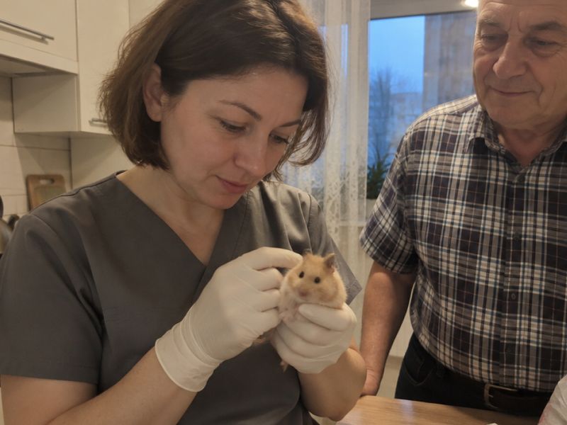 Хомяк в руках врача в перчатке, домашняя обстановка