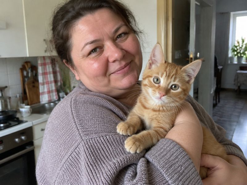 Рыжий беспородный котёнок на руках у владельца