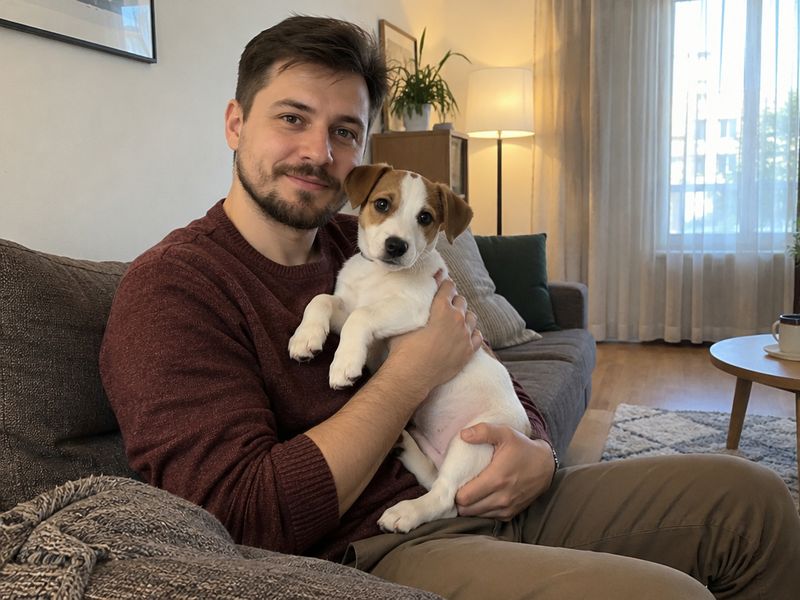 Щенок джек-рассел-терьера на руках у владельца в гостиной