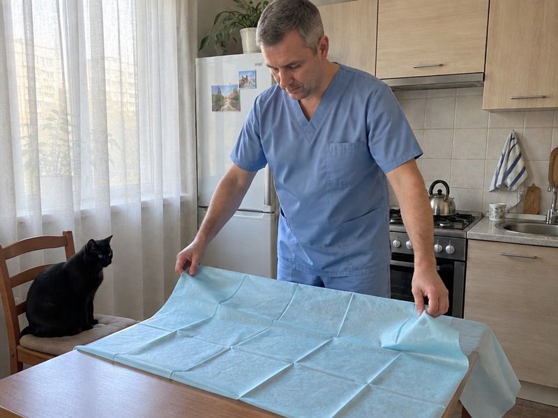 Врач раскладывает стерильное операционное поле на столе в квартире, рядом кошка